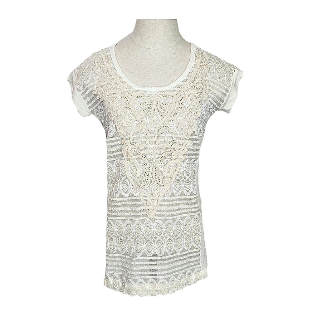Daytrip Tee Boho Chic Short Sleeve Faux Pearl & Rhinestone Cream Size S
